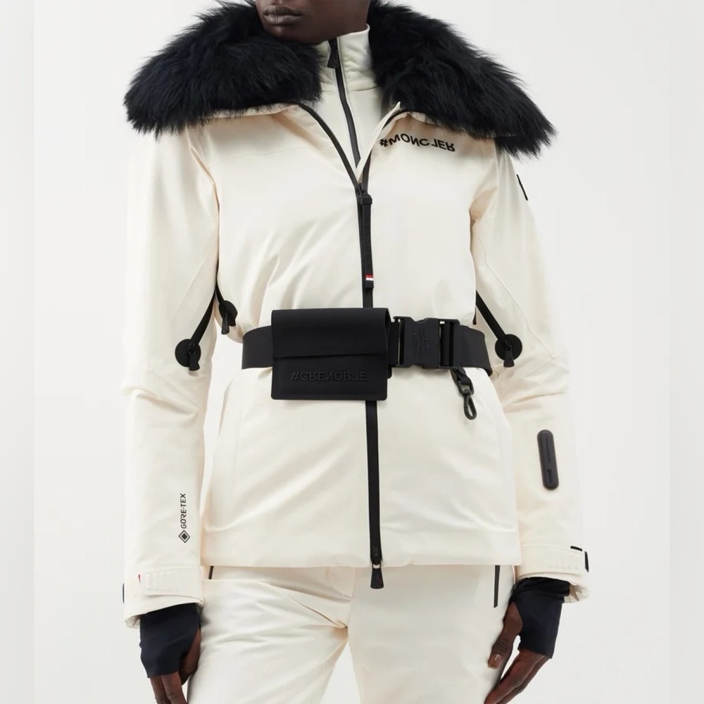 Moncler Grenoble Vizelle Off-White Ivory Lamb Fur Down Puffer Ski Jacket Belted
